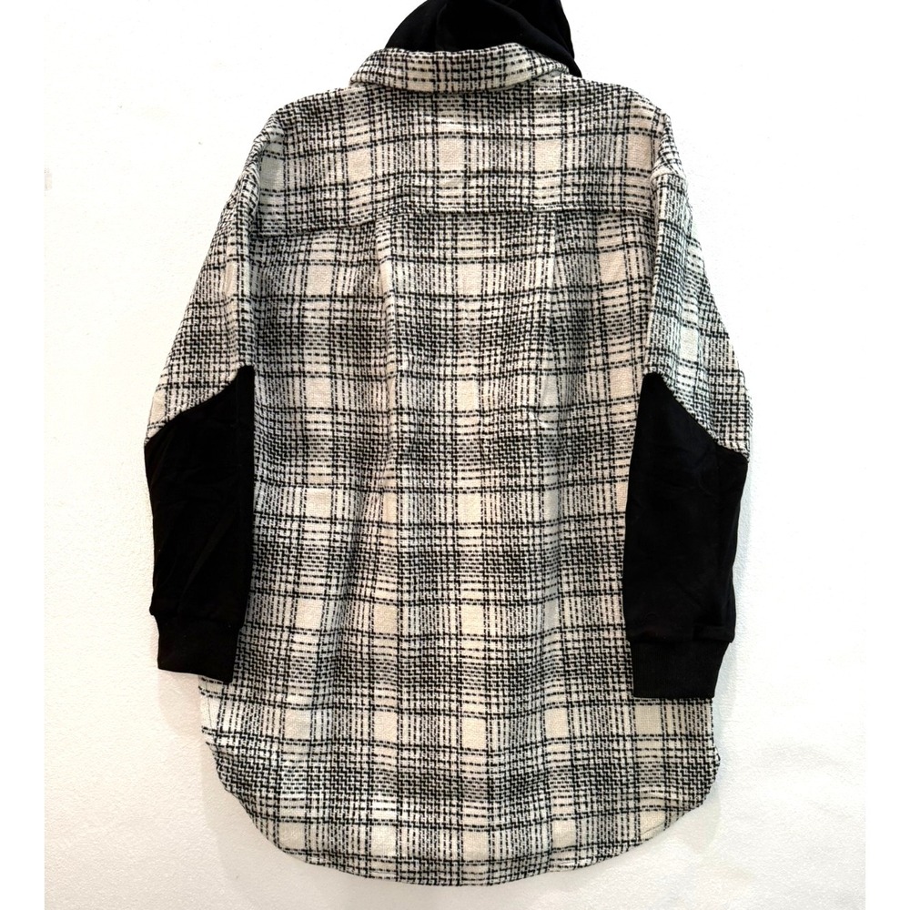 NWOT LBLC The Label Size Large Black Ivory Plaid Hooded Oversized Shacket - Picture 6 of 9